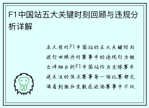 F1中国站五大关键时刻回顾与违规分析详解